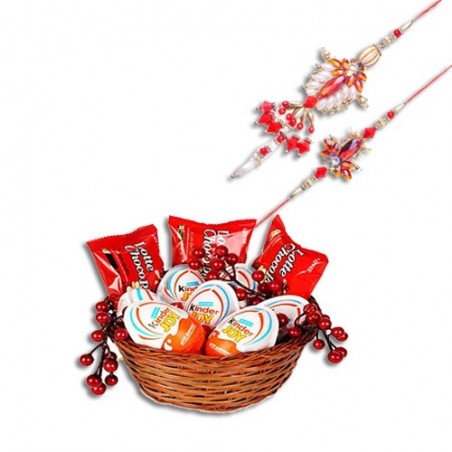 Red, Silver And Copper Beads Bhaiya Bhabhi Rakhi  With Kinder Joy Treats