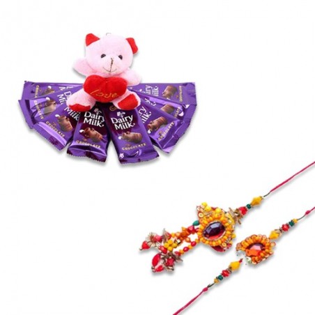 Heavy Crystal With Beads Bhaiya Bhabhi Rakhi  With Dairy Milk Chocolate Teddy