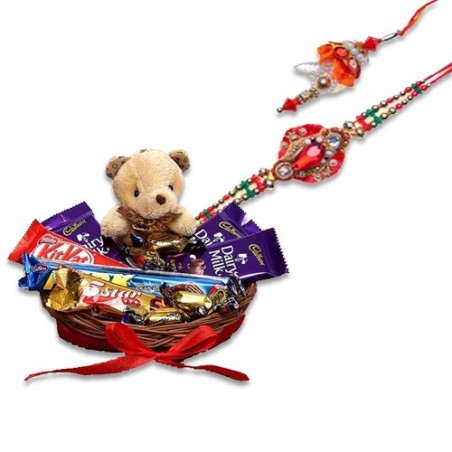 Red Crystal Diamond Beads Bhaiya Bhabhi Rakhi  With Chocolates With Cute Teddy