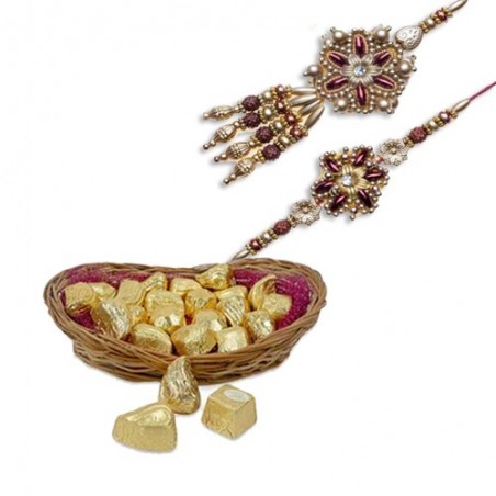 Golden Beds Rudraksh Bhaiya Bhabhi Rakhi  With Delectable Chocolates Hamper