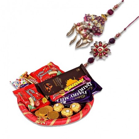 Leaf Rudraksh Bhaiya Bhabhi Rakhi  With Happy Food Hamper