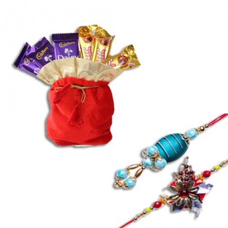 Copper Beads, Om Bhaiya Bhabhi Rakhi  With Chocolates Potli