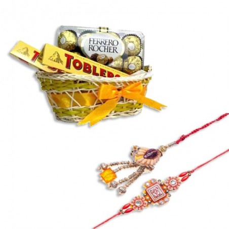 Kundan Beads Bhaiya Bhabhi Rakhi  With Candy Basket