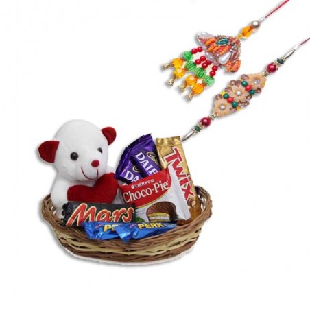 Colorfull Beads Wooden Flower Bhaiya Bhabhi Rakhi  With Cute teddy basket