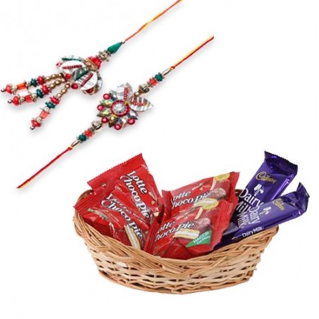 Colorfull Beads, Leaf Bhaiya Bhabhi Rakhi  With Chocolate Basket