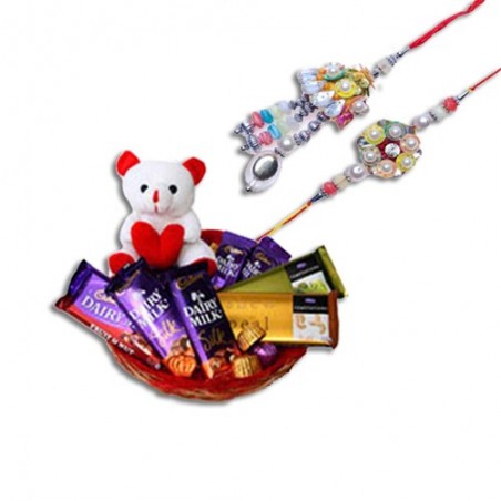 Pearls Silver Beads Bhaiya Bhabhi Rakhi  With Branded Chocolate Basket