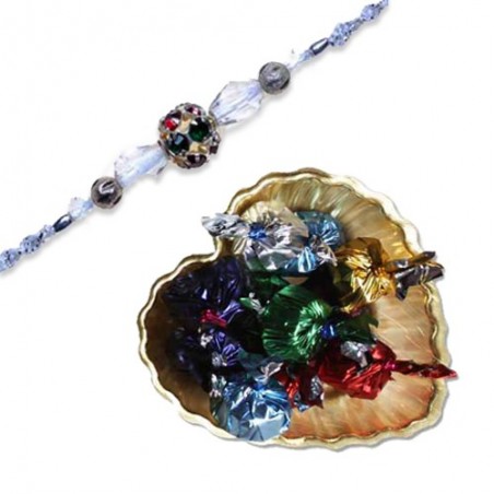 diamond, Beads Bhaiya Bhabhi Rakhi  With Golden Heart Tray