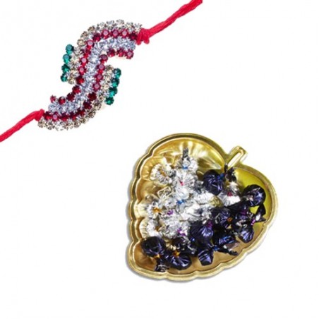 Antique Colourfull Diamond Rakhi  With Golden Heart Tray