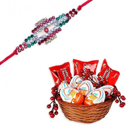 Multicolour American Diamond Rakhi  With Kinder Joy Treats