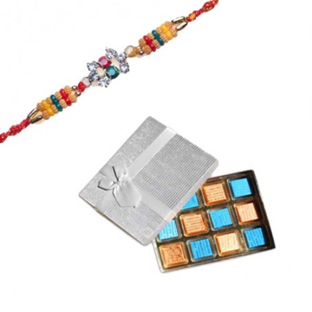 Multicolour American Diamond Rakhi  With Surprise Chocolate Box