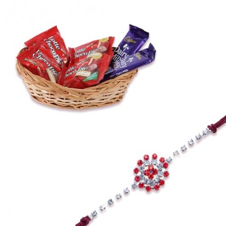 Floral Design American Diamond Rakhi  With Chocolate Basket