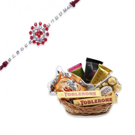 Floral Design American Diamond Rakhi  With Thank You Gift Basket