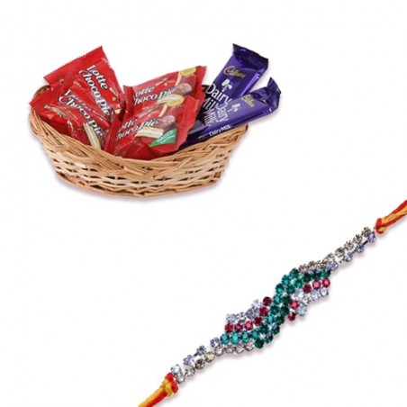 Antique Work American Diamond Rakhi  With Chocolate Basket