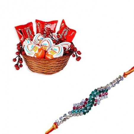 Antique Work American Diamond Rakhi  With Kinder Joy Treats