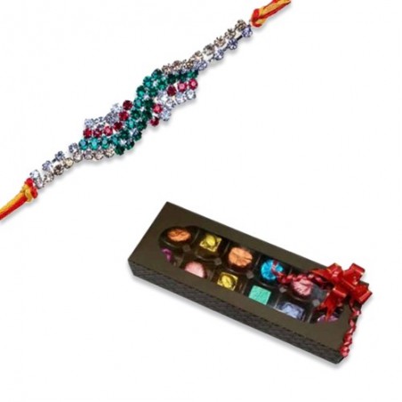 Antique Work American Diamond Rakhi  With Handcrafted Chocolates