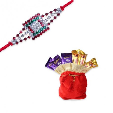 Multi Beads, Diamond Thread Rakhi  With Chocolates Potli