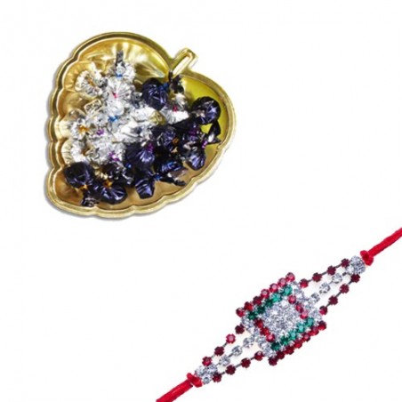 Multi Beads, Diamond Thread Rakhi  With Golden Heart Tray