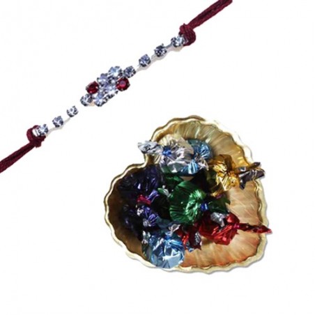 American Diamond Beads Diamond Rakhi  With Golden Leaf Tray