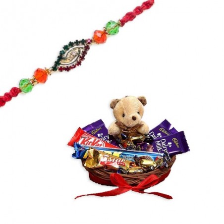 American Diamond Hoop With Multicolour Pearls Rakhi  With Chocolates With Cute Teddy