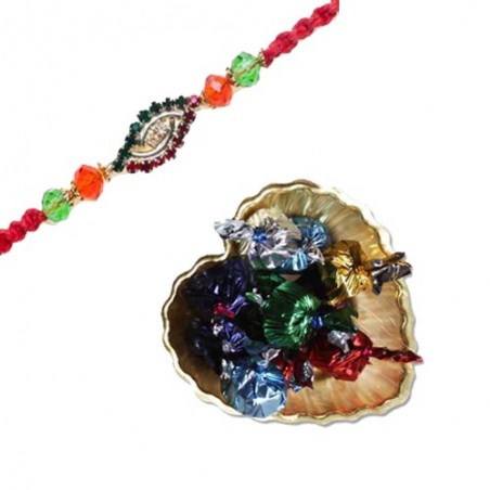 American Diamond Hoop With Multicolour Pearls Rakhi  With Golden Leaf Tray