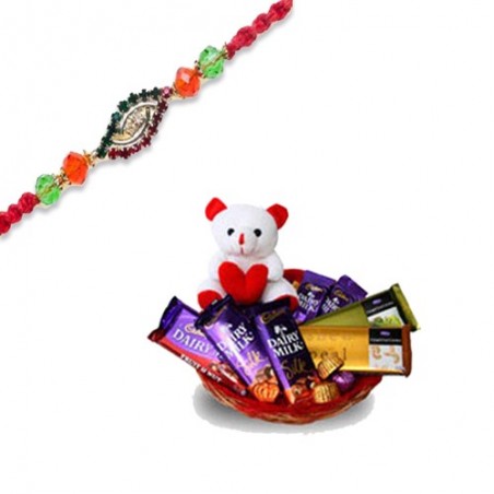American Diamond Hoop With Multicolour Pearls Rakhi  With Branded Chocolate Basket