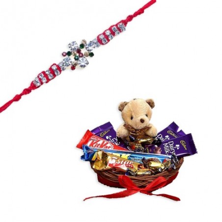 American Diamond And Colourfull Diamond Rakhi  With Chocolates With Cute Teddy