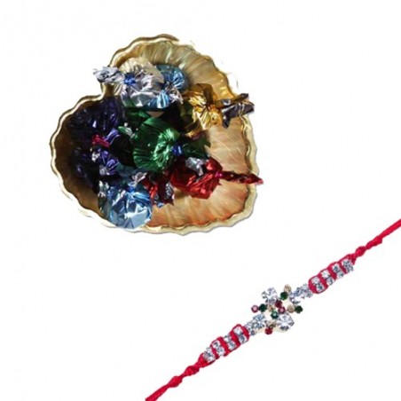 American Diamond And Colourfull Diamond Rakhi  With Golden Leaf Tray