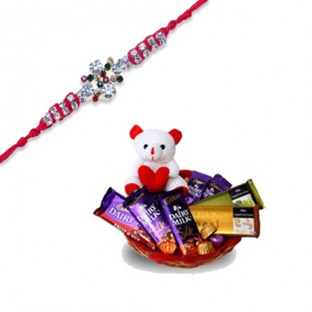 American Diamond And Colourfull Diamond Rakhi  With Branded Chocolate Basket