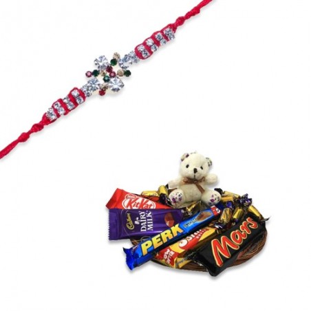 American Diamond And Colourfull Diamond Rakhi  With Sweet Teddy N Chocolates