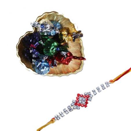 Crystal American Diamond Rakhi  With Golden Leaf Tray