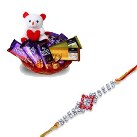 Crystal American Diamond Rakhi  With Branded Chocolate Basket