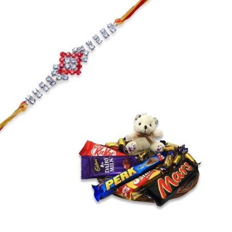 Crystal American Diamond Rakhi  With Sweet Teddy N Chocolates