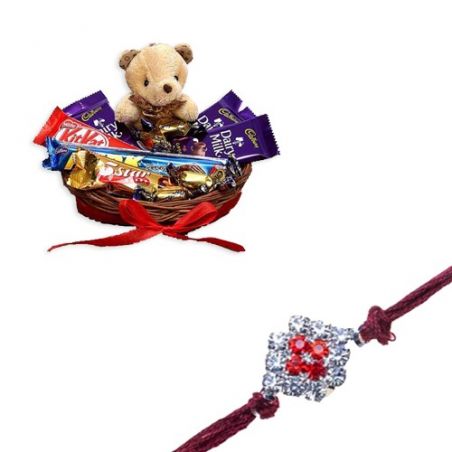 Sober American Diamond Thread Rakhi  With Chocolates With Cute Teddy