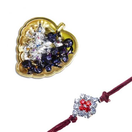 Sober American Diamond Thread Rakhi  With Golden Heart Tray