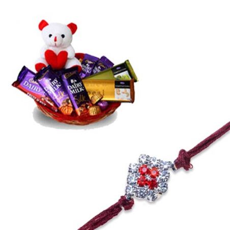 Sober American Diamond Thread Rakhi  With Branded Chocolate Basket