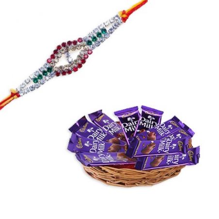 Multicolour Diamond American Diamond Rakhi  With Dairy Milk Basket Hamper