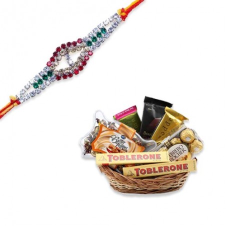 Multicolour Diamond American Diamond Rakhi  With Chocolate Basket With Rakhi Combo