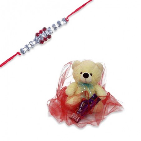 American Diamond Hoop Rakhi  With Lovable Teddy With Chocolate