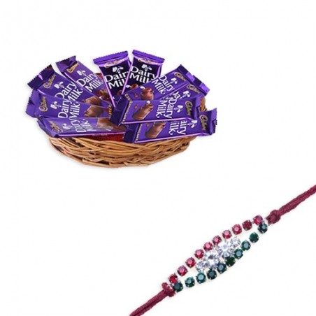 American Diamond Hoop, Crystal Rakhi  With Dairy Milk Basket Hamper