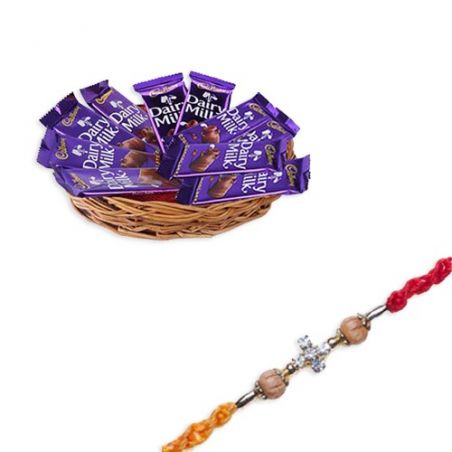 Wooden Stone Beads Rakhi  With Dairy Milk Basket Hamper