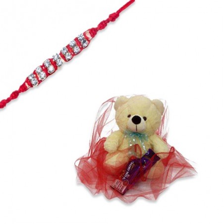 American Diamond Thread Rakhi  With Lovable Teddy With Chocolate