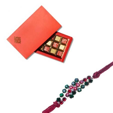 Green And Red American Diamond Rakhi  With Surprise Chocolate Pack 12 Pcs