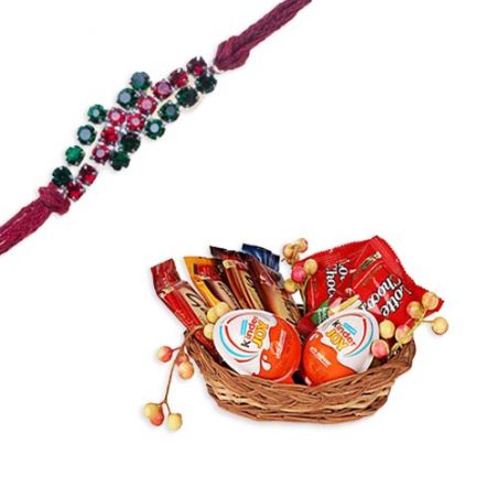 Green And Red American Diamond Rakhi  With Classic Chocolate Pack 18 Pcs