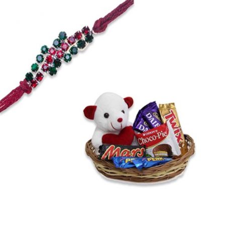 Green And Red American Diamond Rakhi  With Basket of Love