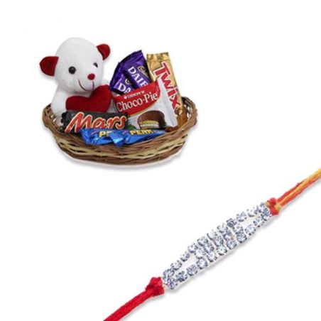 White American Diamond Rakhi  With Basket of Love