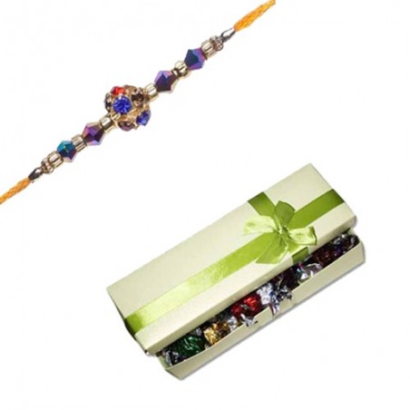 American Diamond Center Ball With Beads Rakhi  With Surprise Chocolate Box