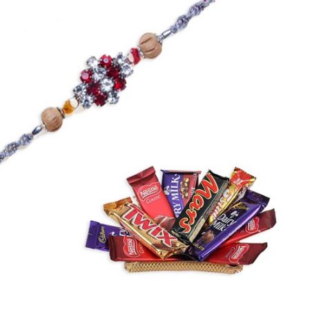 American Diamond With Wooden Beads Diamond Rakhi  With Tray With Chocolates