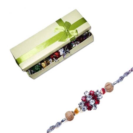 American Diamond With Wooden Beads Diamond Rakhi  With Surprise Chocolate Box