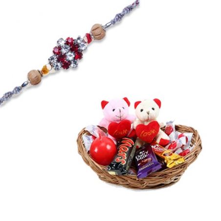 American Diamond With Wooden Beads Diamond Rakhi  With Basket of Love