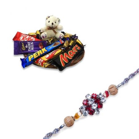 American Diamond With Wooden Beads Diamond Rakhi  With Sweet Teddy N Chocolates